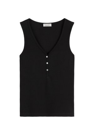 Zwart geribbelde tanktop met een V-halslijn, voorzien van een knoopsluiting en drie zilveren knopen aan de voorkant. Zonder mouwen, veelzijdig en aangesloten ontwerp.