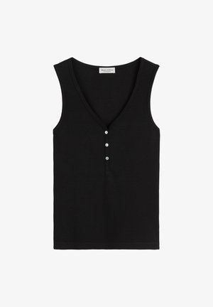 Schwarzes, geripptes Tanktop mit V-Ausschnitt, ausgestattet mit einer Knopfleiste und drei silbernen Knöpfen auf der Vorderseite. Ärmellos, vielseitig und figurbetont.