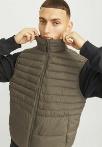 Olivgrüne Steppweste mit gestepptem Muster, hohem Kragen und Reißverschluss. Getragen über einem schwarzen Langarmshirt mit glatter Oberfläche.