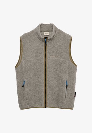 Szara bezrękawnikowa kamizelka z polaru z przednim zamkiem błyskawicznym, dwoma bocznymi kieszeniami z niebieskimi suwakami oraz subtelnym haftem "HALO" na piersi.