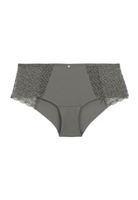 Sous-vêtements gris taille haute avec des accents en dentelle. Présente un devant lisse et des côtés en dentelle texturée, complétés par un petit détail métallique.