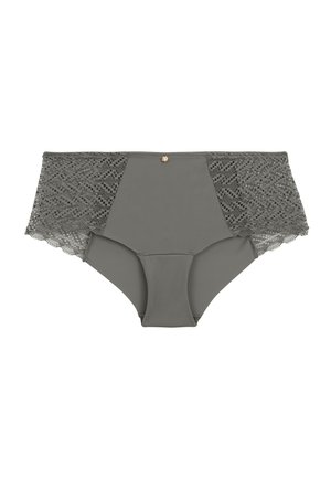 Sous-vêtements gris taille haute avec des accents en dentelle. Présente un devant lisse et des côtés en dentelle texturée, complétés par un petit détail métallique.