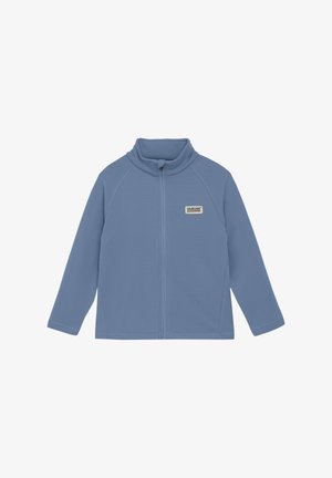 Hellblaues Zip-Up-Jackett aus strukturiertem Stoff. Verfügt über einen erhöhten Kragen und ein kleines gesticktes Logo auf der Vorderseite. Lange Ärmel.