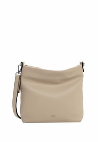 Beige leather crossbody bag with a textured finish, soft shape, adjustable strap, and discreet logo detailing on the front.