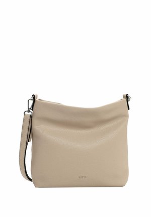 Beige leather crossbody bag with a textured finish, soft shape, adjustable strap, and discreet logo detailing on the front.