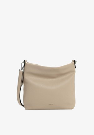 Sac à bandoulière en cuir beige avec une finition texturée, une forme douce, une bandoulière ajustable et un logo discret sur le devant.