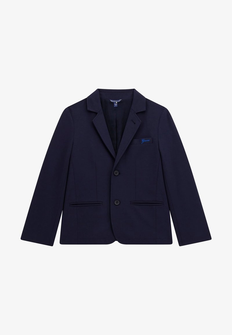 Blazer blu navy realizzato in tessuto morbido, caratterizzato da una chiusura a due bottoni, rever a punta e due tasche frontali. Include un piccolo logo sul petto.