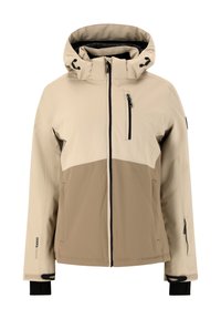 Beige en lichtbruine gewatteerde jas met een rits aan de voorkant, een rits op de borstzak, ritsen op de mouwen en verstelbare polsbanden.