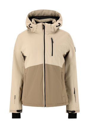 Beige og lysebrun hættejakke med frontlynlås, brystlomme med lynlås, lynlåse på ærmerne og justerbare håndledsstropper.