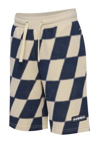Marinblå och krämfärgade shorts med rutmönster, tillverkade av mjukt material, med justerbar midja och Hummel-logotyp längst ner till vänster.