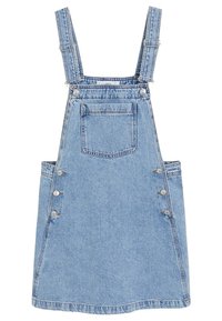 Denimmekko säädettävillä olkaimilla, vaaleansininen väri, etupuolella tasku ja hopeanväriset nepparit sivuilla. Klassinen malli A-linjalla.