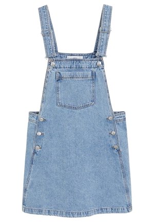 Denimmekko säädettävillä olkaimilla, vaaleansininen väri, etupuolella tasku ja hopeanväriset nepparit sivuilla. Klassinen malli A-linjalla.