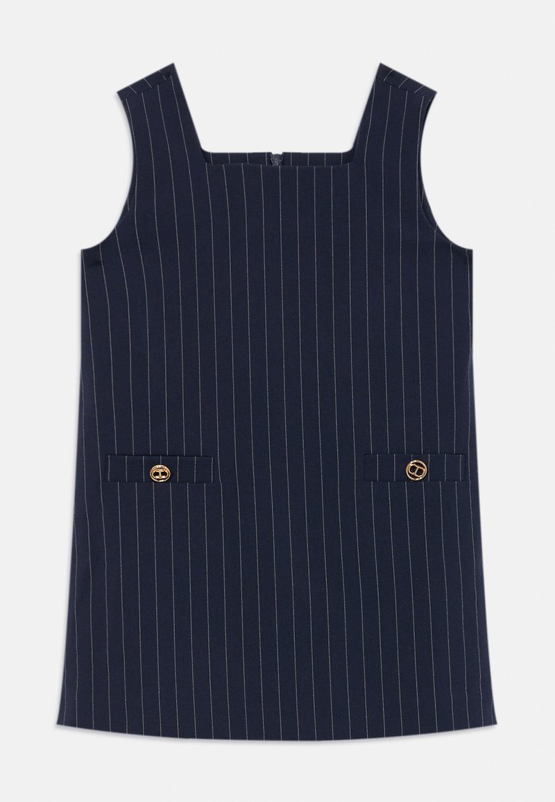 Mornarska haljina s bijelim vertikalnim prugama, kvadratnim izrezom, dva prednja džepa, zlatnim detaljima od hardvera, izrađena od glatkog materijala.