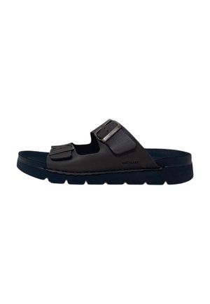 Sandalo nero tipo slide con due cinturini regolabili con fibbia e suola spessa, progettato per un uso casual.