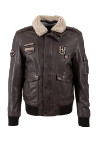 Bruine leren bomberjack met een getextureerde faux shearling kraag, voorzakken met klep, geborduurde patches en geribbelde manchetten en zoom.