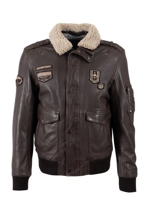 Bruine leren bomberjack met een getextureerde faux shearling kraag, voorzakken met klep, geborduurde patches en geribbelde manchetten en zoom.