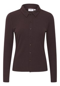 Long-sleeve, dark brown ribbed shirt with a pointed collar and button front closure. Fabric is textured; includes five buttons and a fitted design.