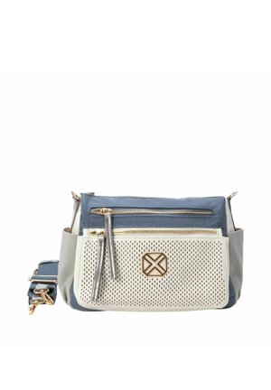 Piccola borsa a tracolla blu e bianca con tasca frontale traforata, cerniere dorate e tracolla regolabile blu navy.