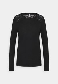 Svart långärmad tröja med rund halsringning, med spetsdetaljer vid axlarna och en slät, mjuk textur. Klassisk passform.