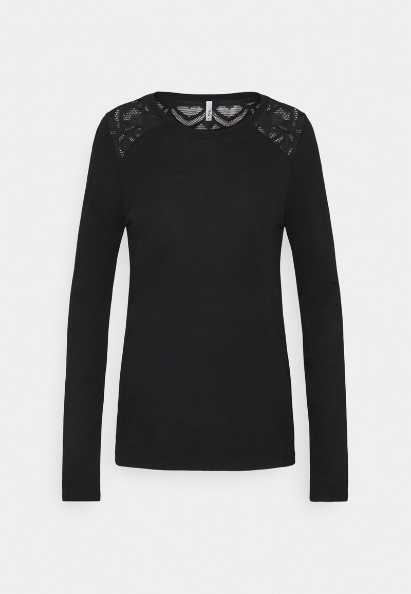 Svart långärmad tröja med rund halsringning, med spetsdetaljer vid axlarna och en slät, mjuk textur. Klassisk passform.