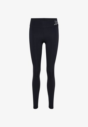 Black leggings made of stretchy, smooth fabric; high waistband with "huh" logo. Fitted design with a full-length cut.