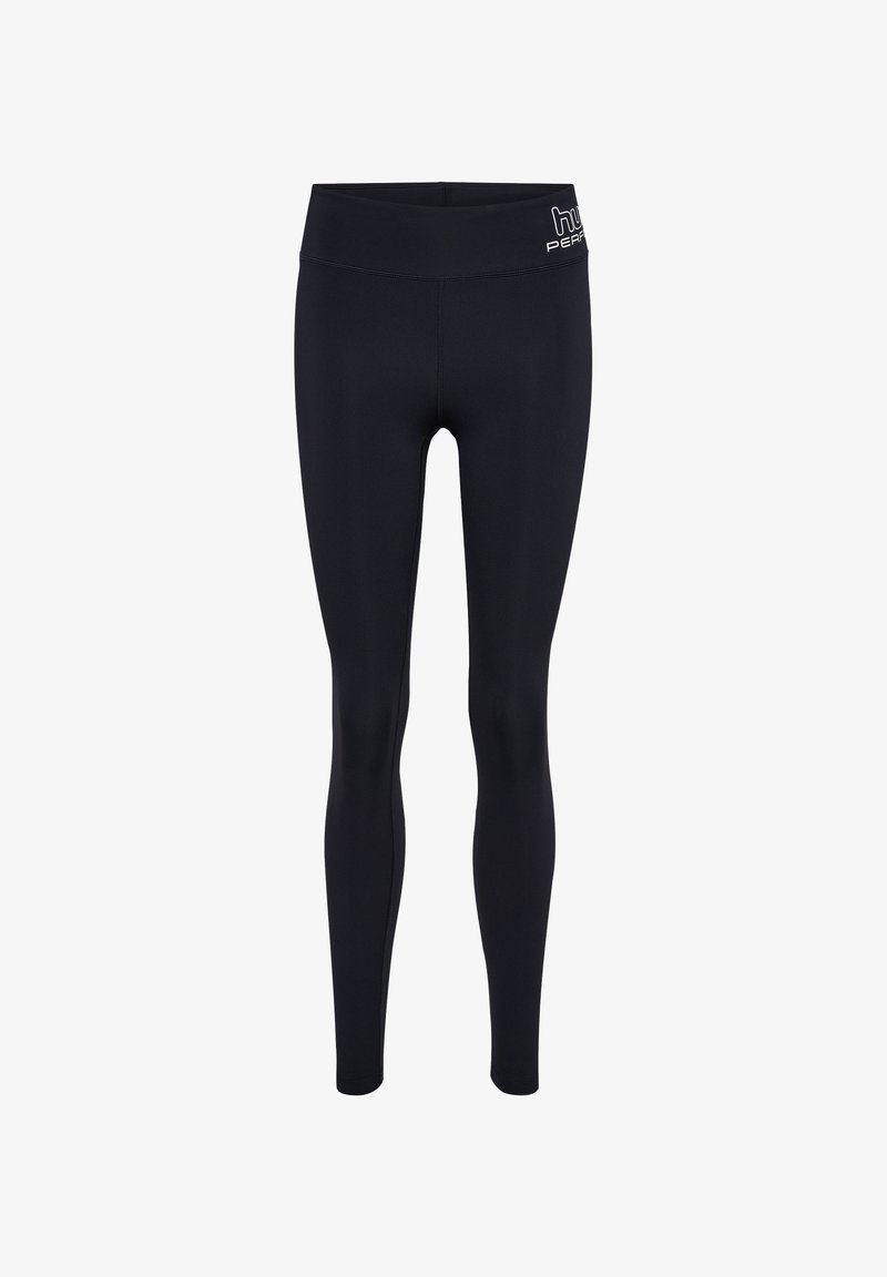 Czarne legginsy wykonane z elastycznej, gładkiej tkaniny; wysoki stan z logo "huh". Dopasowany krój o pełnej długości.