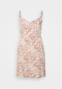 Vestido com padrão e alças finas, apresentando um design de paisley floral em creme, laranja e castanho. Alças ajustáveis, corpete justo, saia rodada.