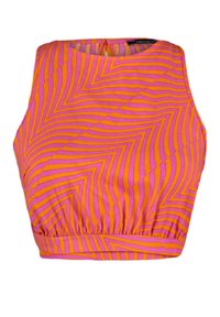 Top court sans manches rose vif avec des rayures zigzag orange. Présente une taille froncée et un col rond. Fabriqué en tissu lisse.