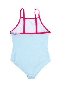 Costume da bagno azzurro chiaro con superficie texturizzata, caratterizzato da una parte superiore in rete bianca e finiture rosa. Il design include due spalline sottili.