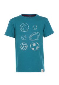 Teal puuvillane t-särk, millel on valged illustratsioonid erinevatest spordipallidest: korvpall, jalgpall, tennisepall, võrkpall ja jalgpall. Lühikesed varrukad.