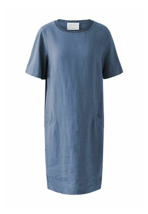 Blue linen dress with short sleeves, round neck, and side pockets, featuring a relaxed fit and smooth texture.