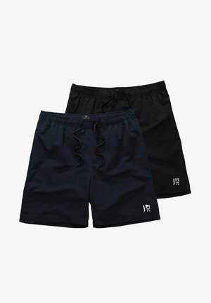 Dos pares de bañadores: uno azul marino y otro negro. Ambos cuentan con una cinturilla elástica con cordones ajustables y un detalle del logo.