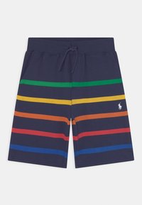 Námořnicky modré plavecké kraťasy s barevnými vodorovnými pruhy v červené, oranžové, žluté, zelené a modré barvě, vybavené elastickým pasem a šňůrkou na stažení.