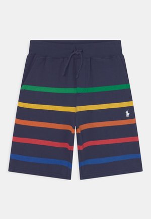 Granatowe kąpielówki w kolorowe poziome paski w kolorach czerwonym, pomarańczowym, żółtym, zielonym i niebieskim, z elastycznym paskiem w talii i sznurkiem do ściągania.