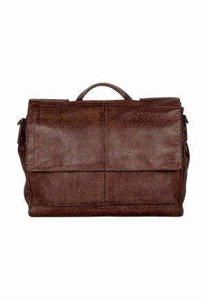 Mallette en cuir brun foncé avec poignée supérieure, fermeture à rabat et logo embossé "S" en bas à droite.