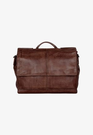 Mallette en cuir brun foncé avec poignée supérieure, fermeture à rabat et logo embossé "S" en bas à droite.