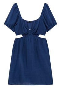 Vestido azul marino con mangas cortas abullonadas, escote en V profundo, cintura fruncida y sutiles botones decorativos en el frente. Tejido ligero.