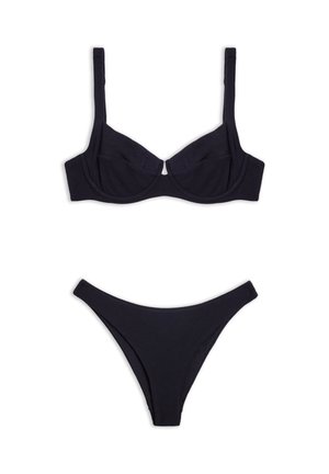Black bikini set with a structured underwire top and minimal coverage bottoms. Made of smooth fabric, featuring adjustable straps.