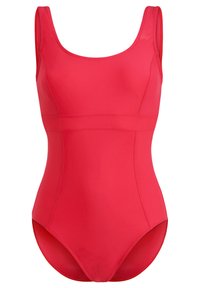 Rood badpak met een ronde hals, brede bandjes en een aansluitend ontwerp. Glad fabric met minimale stiksels.