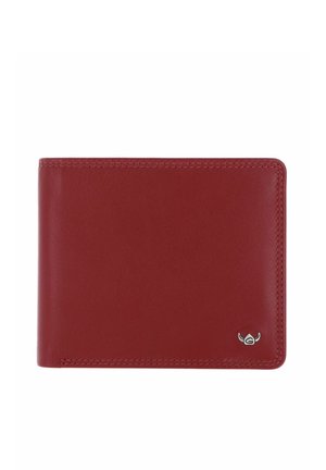 Red leather bifold wallet with visible stitching and a small silver logo emblem in the bottom right corner on a white background.