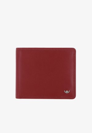 Portafoglio bifold in pelle rossa con cuciture visibili e piccolo emblema logo argento nell'angolo in basso a destra su sfondo bianco.
