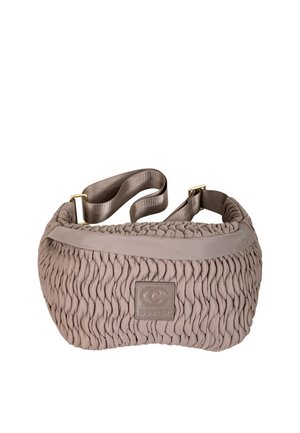 Beežist tikandiga õlakott reguleeritava rihma ja esiküljel keskel ruudukujulise logomärgiga.