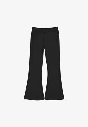 Juodos, išplatintos legging'ų kelnės, pagamintos iš minkštos, tamprios medžiagos, su elastine juosta ir minimaliais siūlių akcentais, užtikrinančios patogų prigludimą.