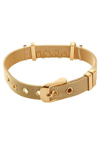 Pulsera de malla dorada con un diseño texturizado, ajuste ajustable con orificios y un cierre de metal seguro.