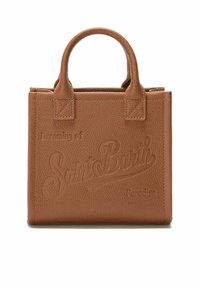 Bruine leren shopper met geperste letters "Dromen van Saint Barth Paradijs." Voorzien van twee stevige handvatten en een textuurovervlakte.