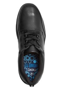 Black leather shoe with rounded toe and lace-up closure. Interior features blue geometric pattern on insole. Durable design.