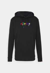 Sweat à capuche noir avec une poche kangourou à l'avant. Présente un logo "ellesse" multicolore avec un effet de gouttes de peinture. Tissu doux, poignets élastiques.