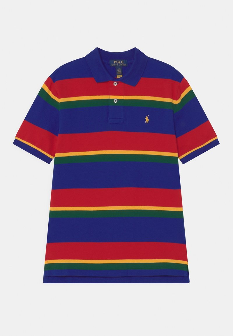 Polo à manches courtes avec des rayures horizontales bleu, rouge, jaune et vert et un petit logo de cheval brodé sur la poitrine.