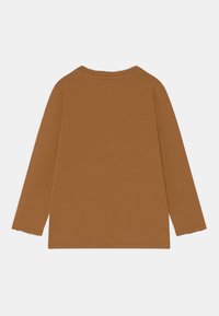 Camisola de manga longa numa cor castanha quente, feita de material suave com acabamento em babados ao redor do pescoço e das mangas, apresentando um corte clássico.