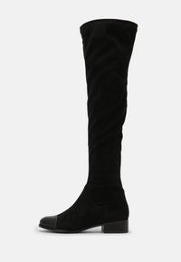 Black knee-high boots made of suede, featuring a smooth, rounded toe in leather. The heel is low and square, with a textured, soft upper.